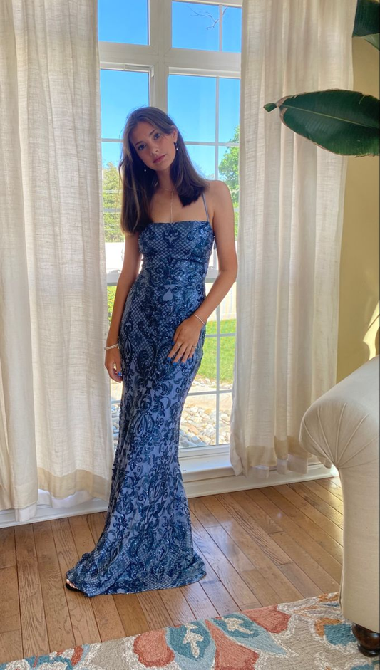 Gorgeous Blue Spaghetti Straps Sequin Mermaid Evening Dress Birthday Outfits SP616