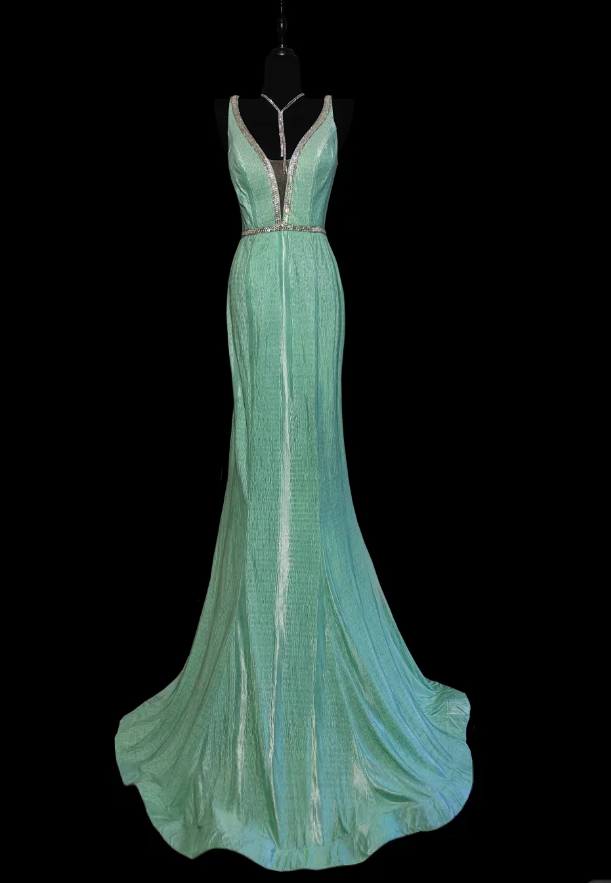 Sexy V Neck Green Satin Beaded Mermaid Party Gown Backless Long Prom Dress SP442