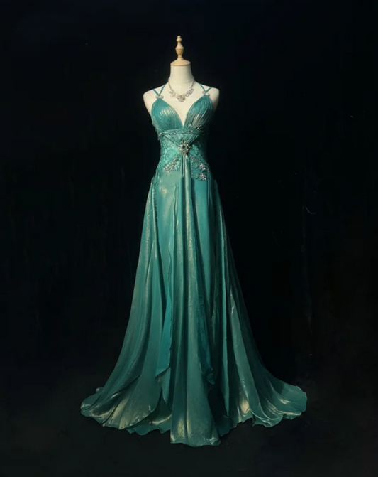 Vintage Spaghetti Straps Green Satin Lace Beaded Mermaid Long Party Dress Birthday Dress SP1817