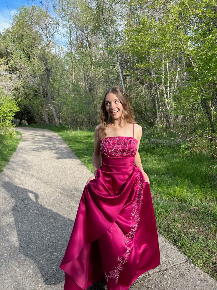Pretty Spaghetti Strap Hot Pink Satin Beaded Long Evening Dress Formal Wedding Guest Dress SP2130