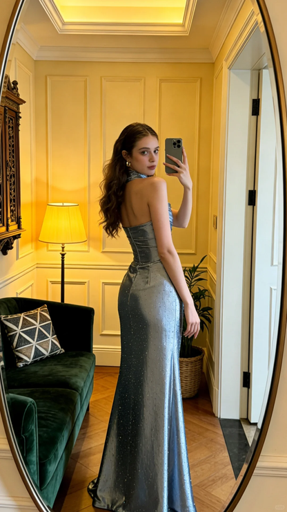 Chic Blue Strapless Satin Beaded Mermaid Long Party Dress Formal Wedding Guest Dress SP2064
