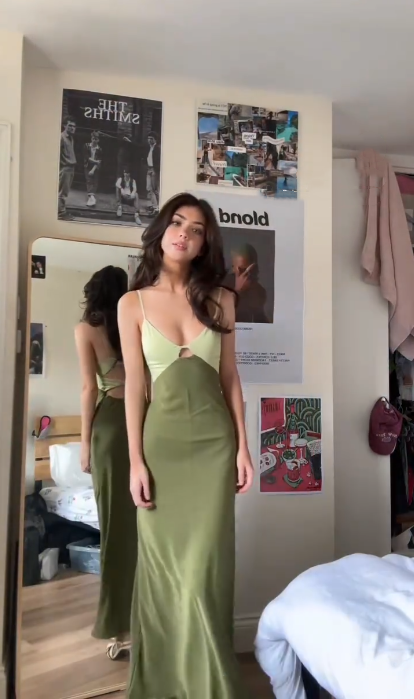 Elegant Spaghetti Straps V Neck Green Satin Long Wedding Guest Dress Evening Dress SP852