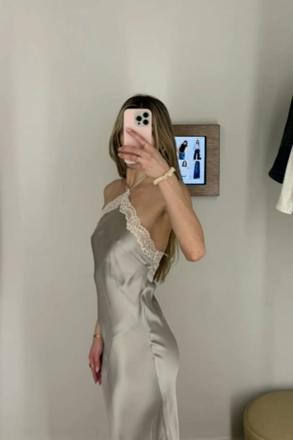 Sexy Halter Satin Lace Party Evening Dress Y8169