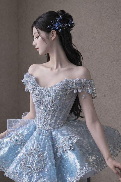 Glitter Off The Shoulder Blue Sequin Tulle Beaded A Line Short Homecoming Dress Birthday Outfits With Bow SP3146