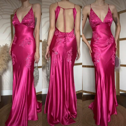 Charming Pink Satin Appliques Mermaid Long Evening Dress Backless Long Prom Dress SP3774