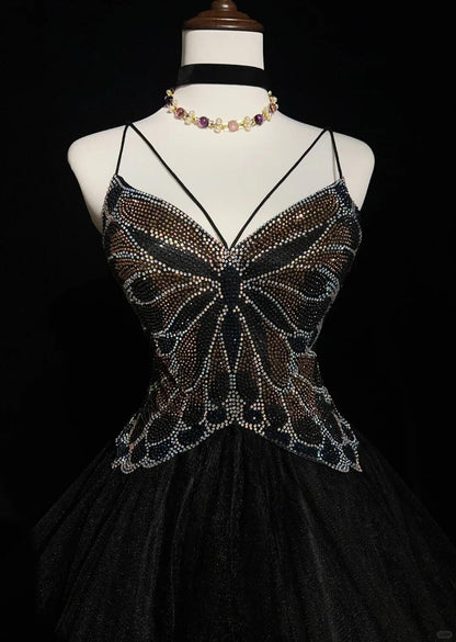 Sexy Black Tulle Beaded A Line Short 7th Grade Homecoming Dress,Spaghetti Straps Mini Prom Dress SP2922