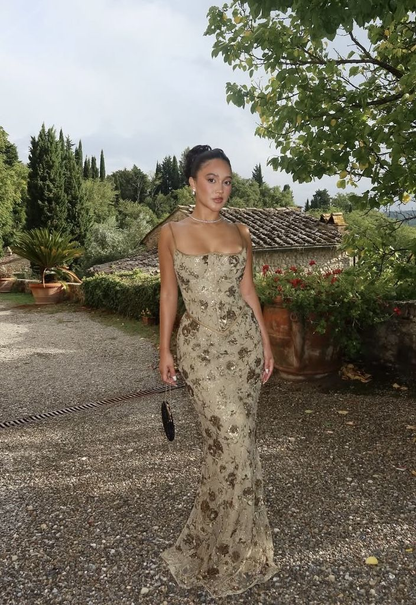 Vintage Spaghetti Straps Lace Sequin Beaded Mermaid Long Party Dress Birthday Outfits SP856