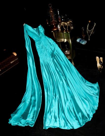Unique One Shoulder Blue Satin Beaded Mermaid Evening Dress Long Birthday Prom Dress SP1068