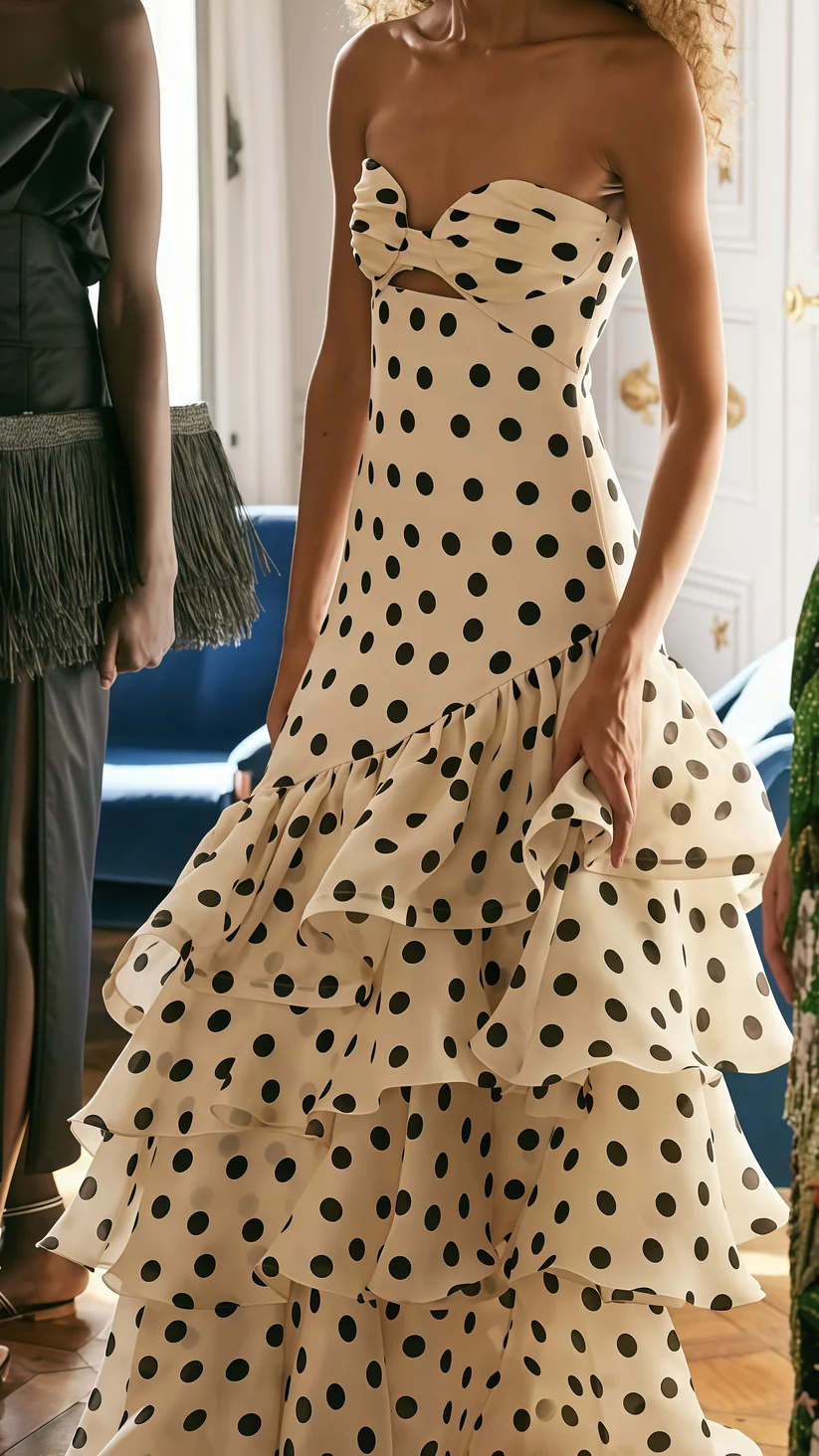 Elegant Sweetheart Dots Ruffle Chiffon Prom Dress,Strapless Mermaid Evening Gown Y8279