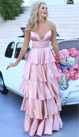 Elegant A-line Spaghetti Straps Satin Tiered Evening Dress Y728