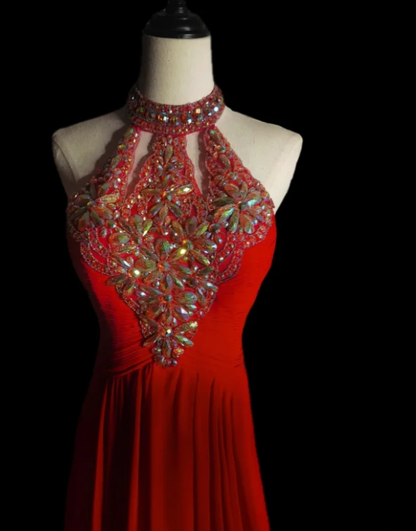 Vintage Halter Red Chiffon Beaded Long Mermaid Evening Dress Formal Wedding Guest Dress SP564