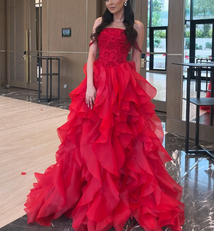Charming Red Off The Shoulder Tulle Ruffles Long Party Dress Prom Gown With Beaded SP497