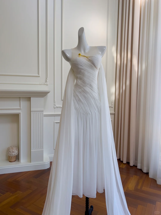 Classy Sleeveless White Chiffon Pleated Mermaid Long Party Dress Birthday Dress SP2572
