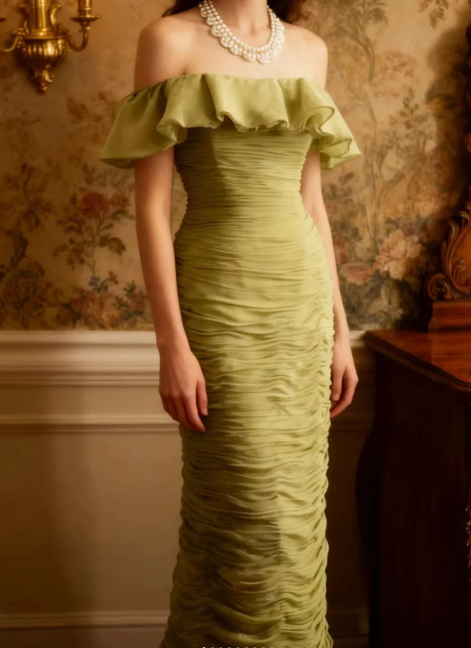 Elegant Green Off The Shoulder Chiffon Pleated Sheath Long Prom Dress Evening Gown SP1025