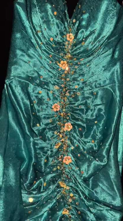 Elegant V Neck Green Satin Beaded Mermaid Long Party Dress Formal Birthday Dress SP2158