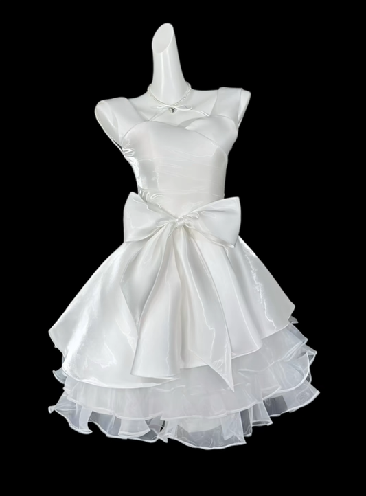Elegant White Satin Organza Bow A Line Short Homecoming Dress Birthday Outfits SP3501