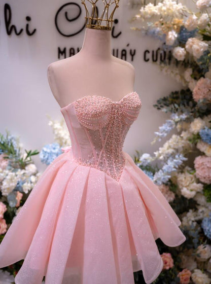 Glitter Pink Sweetheart Neck Tulle Beaded A Line Short Birthday Outfits Homecoming Dress With Bow SP3465