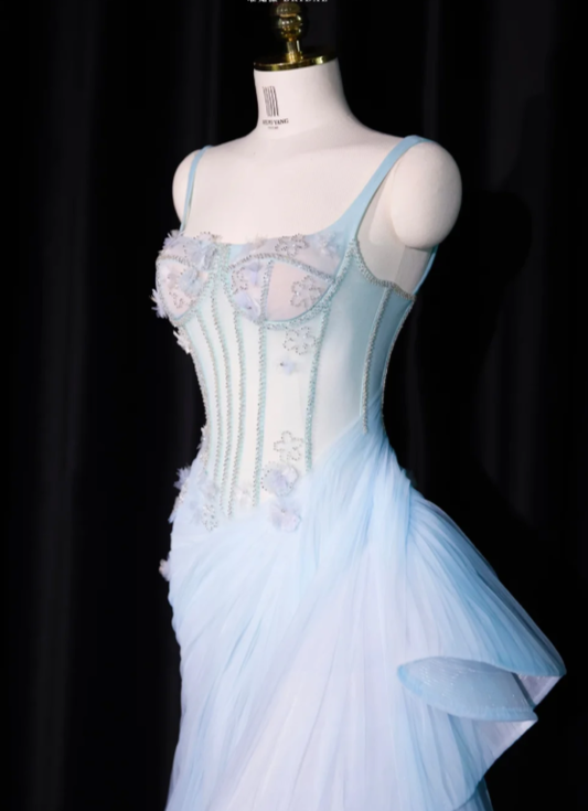 Classy Spaghetti Straps Blue Tulle Beaded Mermaid Long Evening Dress Prom Dress With Butterfly SP2236