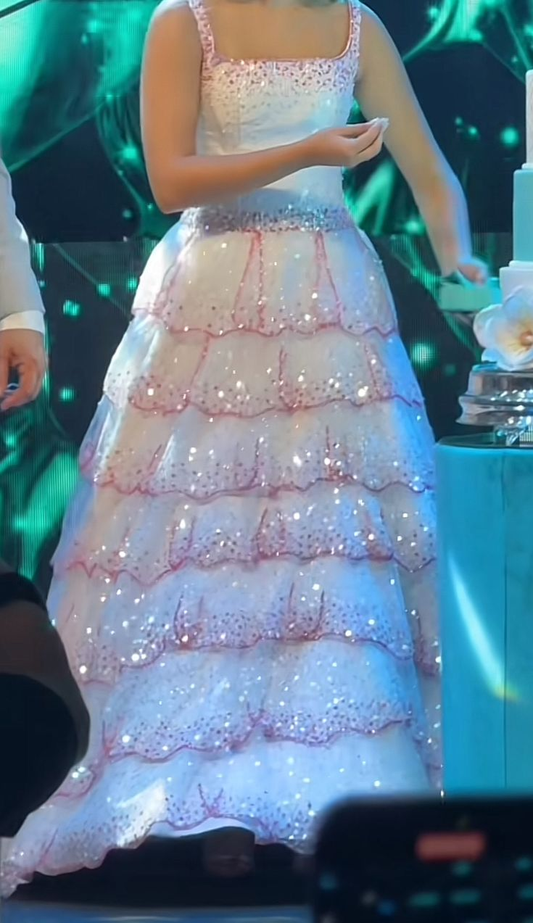 Glitter Spaghetti Straps White Tulle Sequin Layered Long Evening Dress Birthday Prom Dress SP1096