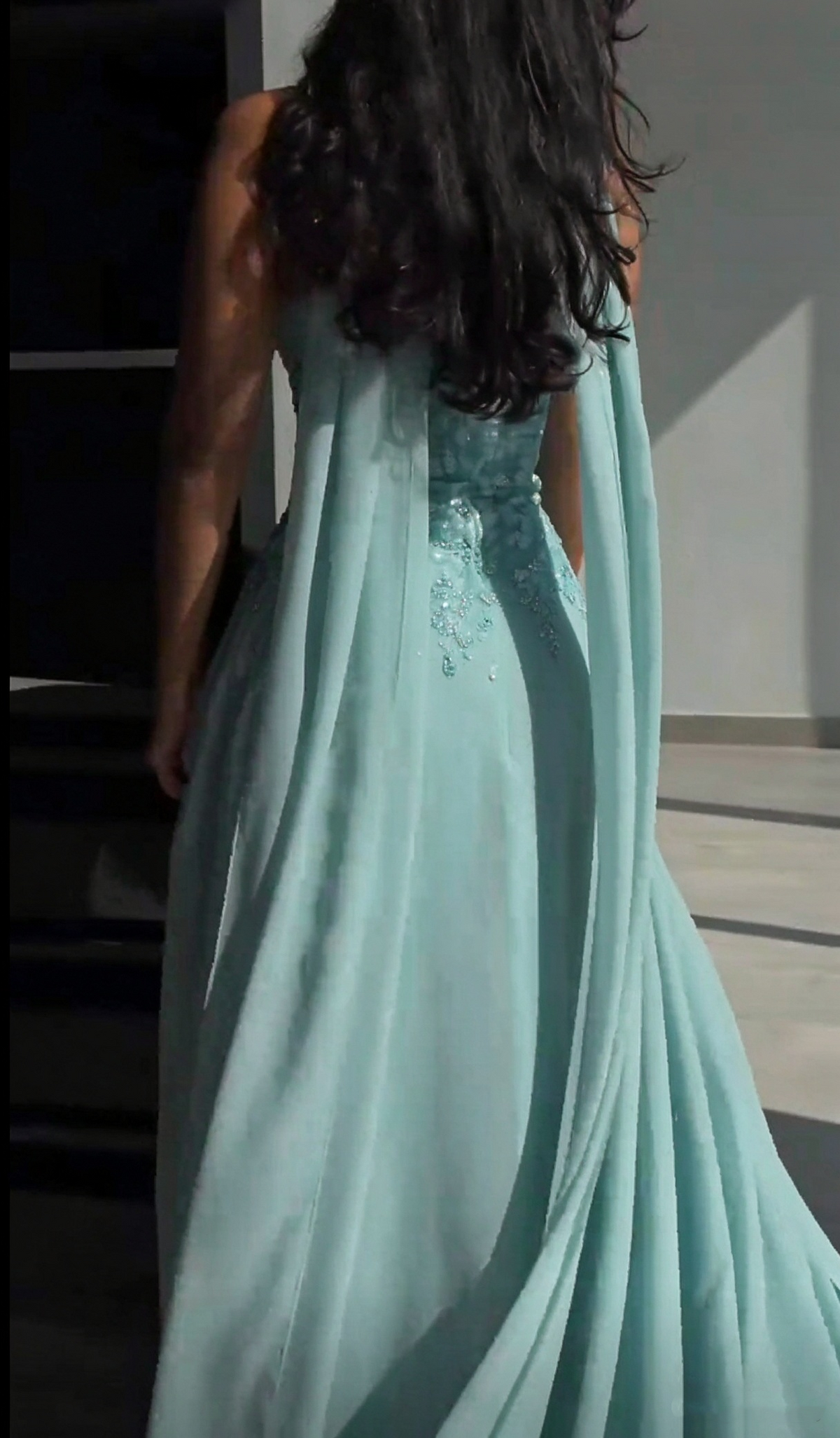 Elegant Strapless Mint Green Chiffon Beaded Slit Long Party Dress Prom Gowns SP4272