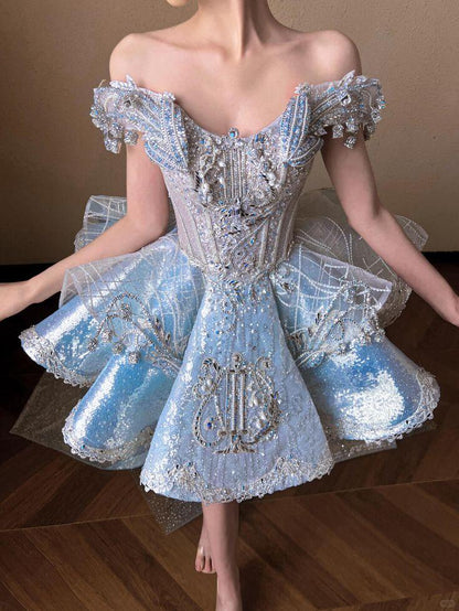 Glitter Off The Shoulder Blue Sequin Tulle Beaded A Line Short Homecoming Dress Birthday Outfits With Bow SP3146