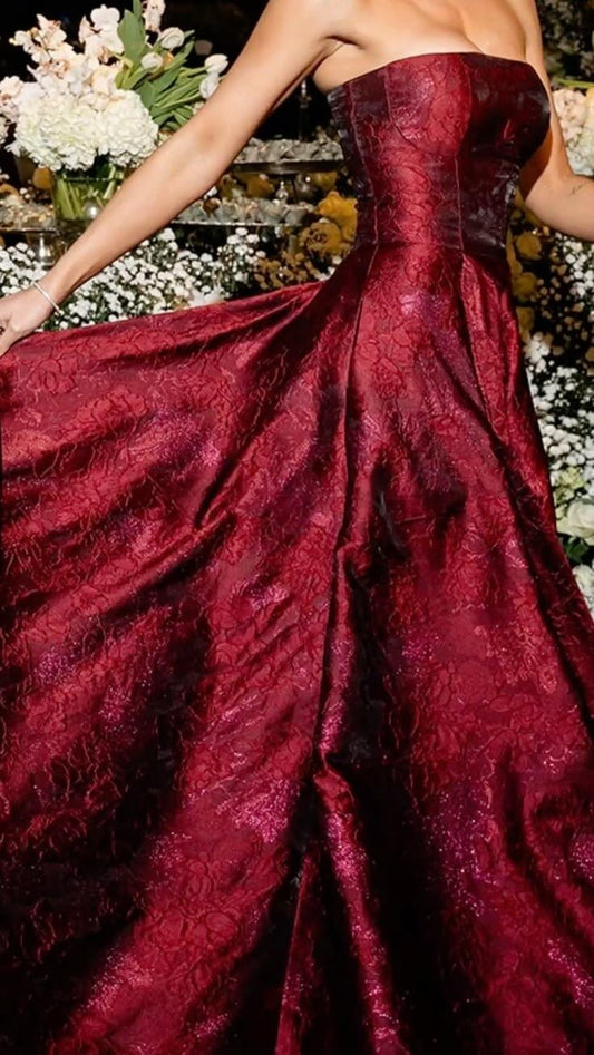 Fashion Strapless Burgundy Satin Print Floral Long Party Dress Birthday Prom Dress SP2554
