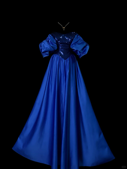 Sparkly Off The Shoulder Sequin Satin Long Wedding Guest Dress Blue Long Party Dress SP4064