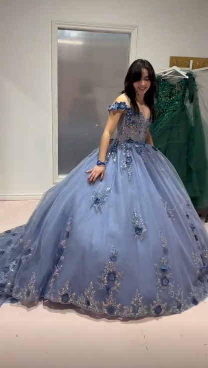 Charming Off The Shoulder Blue Tulle Sequin Floral Quinceanera Dress Sweet 16 Dress SP4286