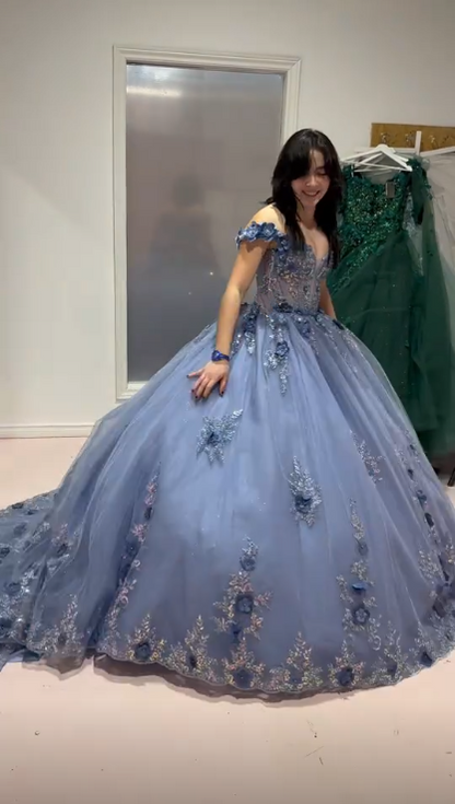 Charming Off The Shoulder Blue Tulle Sequin Floral Quinceanera Dress Sweet 16 Dress SP4286