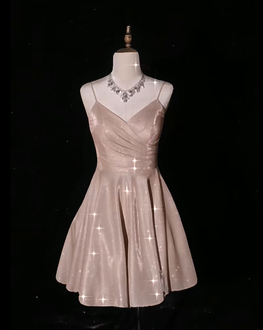 Sexy Spaghetti Straps Blush Pink Satin A Line Short Cocktail Dress Formal Graduation Homecoming Dress Y9128