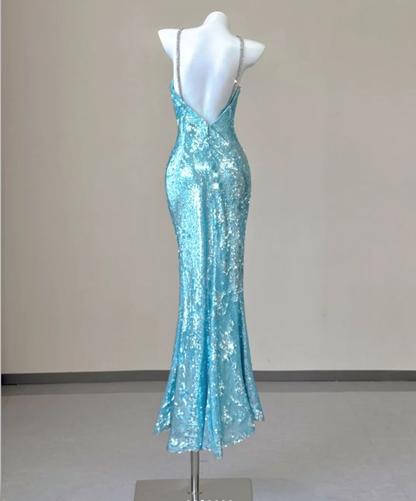 Sparkly Spaghetti Straps Blue Sequin Mermaid Evening Dress Long Prom Dresses SP710