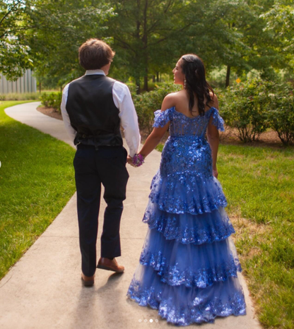 Charming Off The Shoulder Blue Tulle Sequin Layered Mermaid Long Wedding Guest Dress Formal Birthday Evening Gown SP1098