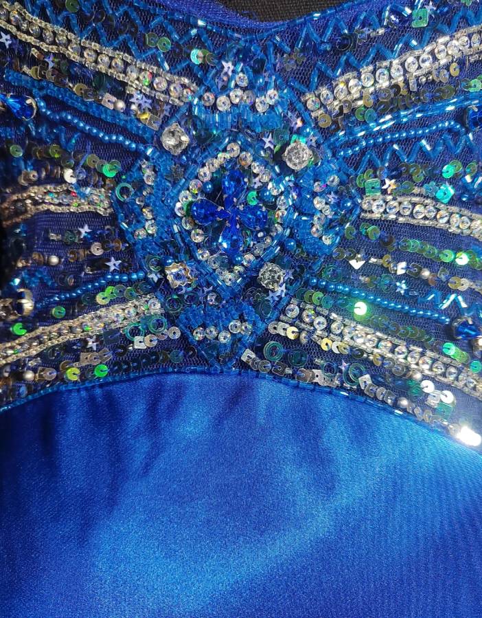 Gorgeous Royal Blue Spaghetti Straps Satin Pleated Sequin Beaded Mermaid Prom Dress Backless Long Party Dress SP443