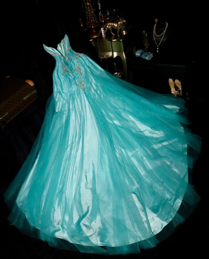 Elegant Strapless Green Satin Tulle Beaded Mermaid Long Party Dress Birthday Outfits SP954