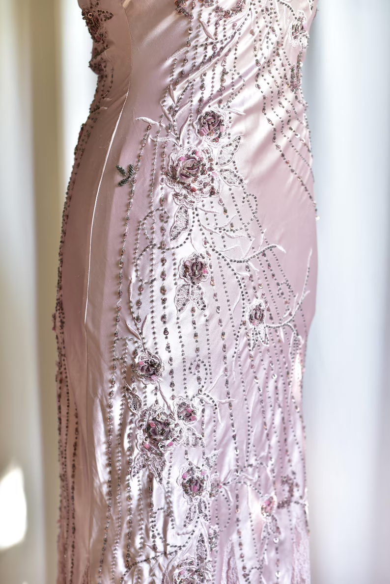 Elegant Halter V Neck Pink Satin Beaded Mermaid Evening Dress Backless Long Prom Dress SP467