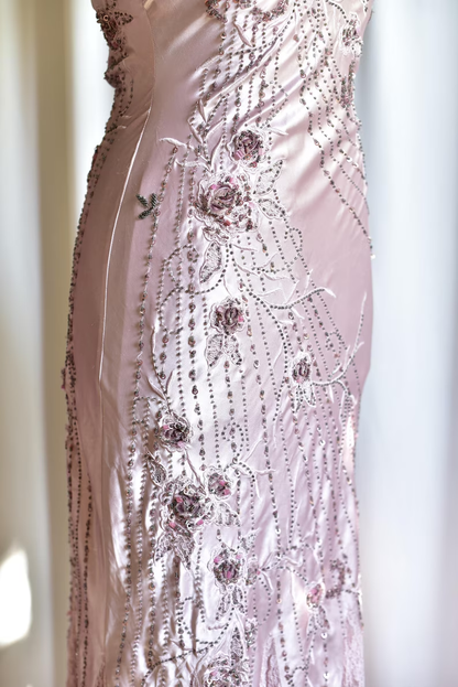 Elegant Halter V Neck Pink Satin Beaded Mermaid Evening Dress Backless Long Prom Dress SP467