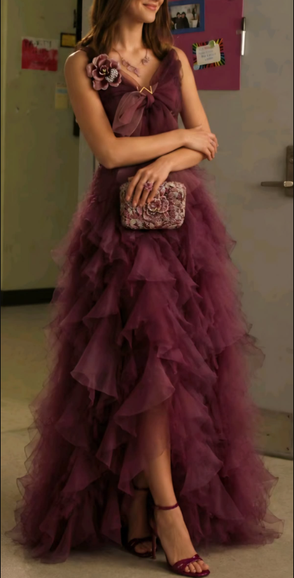 Classy Purple V Neck Tulle Ruffle Layered Long Party Dress Prom Dress SP3401