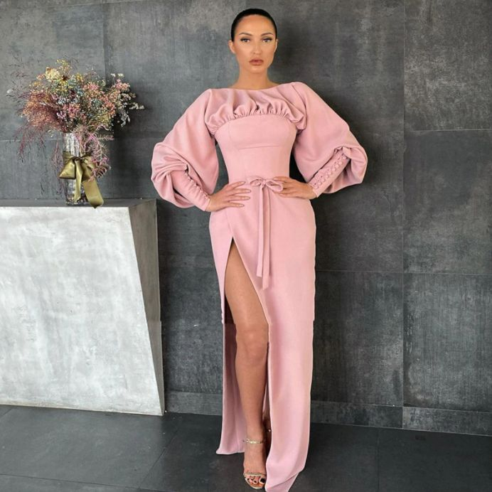 Pink Boat Neck Prom Dress Long Sleeves High Slit Satin Evening Dress Buttoned Cuffs Sheath Formal Party Dress  Y4875