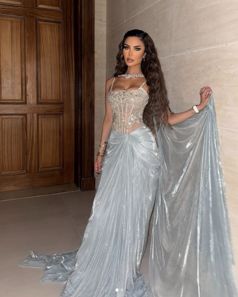 Elegant Blue Spaghetti Straps Lace Beaded Organza Pleated Long Birthday Prom Dress Evening Gown SP1109