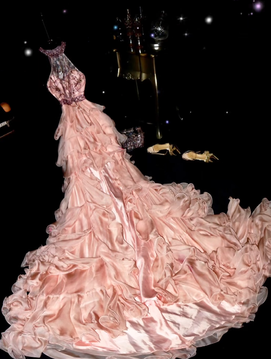 Elegant Halter Beaded Sleeveless Tulle Satin Ruffles Layered Mermaid Long Prom Dress Evening Gown SP726