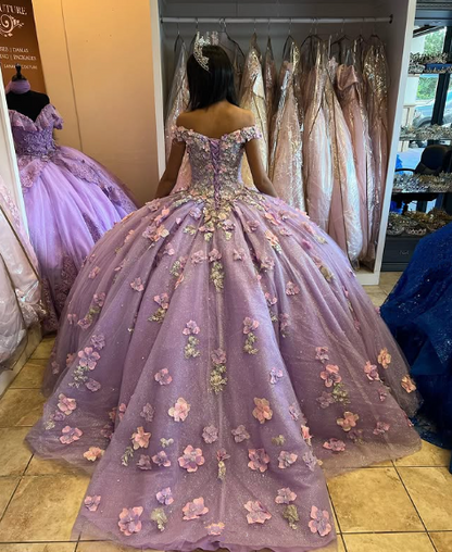 Lavender Applique Off Shoulder Shiny Elegant Tulle Ball Gown 3D Flowers Princess Dress Sweet 15th Y285