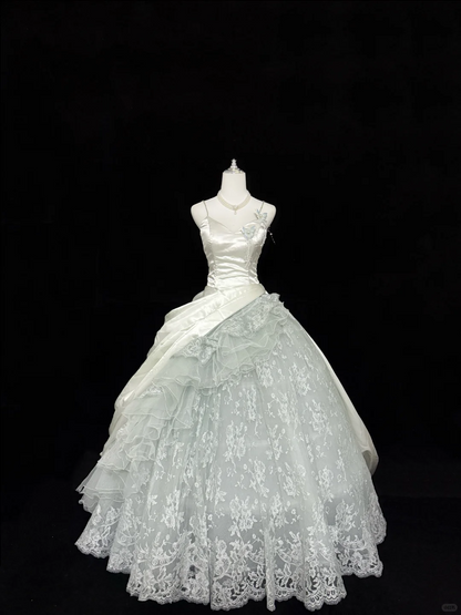 Pretty Spaghetti Straps Tulle Lace Satin Sweet 15 Dress Ice Blue Quinceanera Dress SP2214