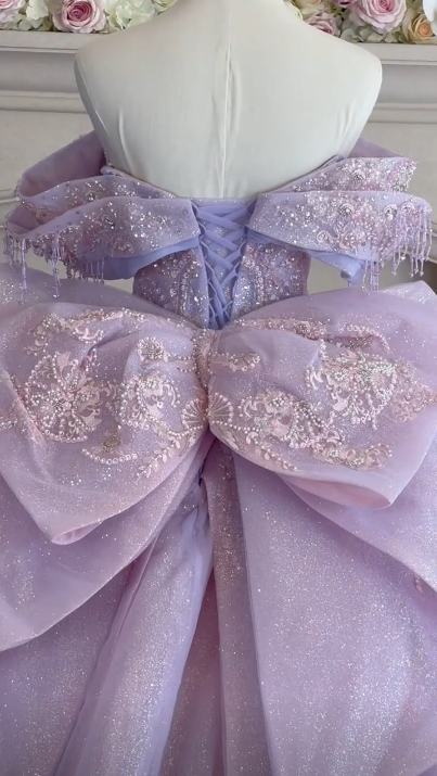 Glamorous Ball Gown Lilac Tulle Sequin Beaded  Quinceanera Dress Sweet 15 Dress With Bow SP4294