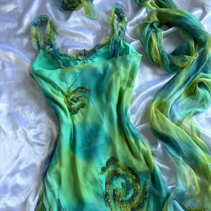 Unique Ombre Green Chiffon Ruffles Beaded Long Party Dress Evening Gowns Y9734