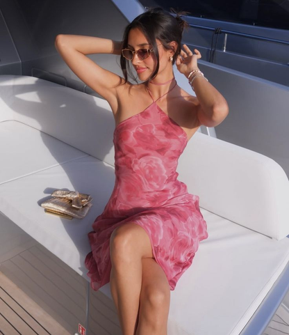 Elegant Pink Halter Chiffon Printed Floral Long Party Dress Prom Gown SP1005