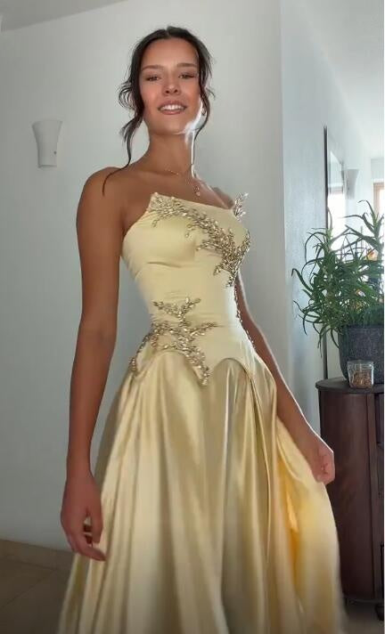 Elegant Yellow Satin Beaded A Line Long Party Dress Prom Gown SP4161