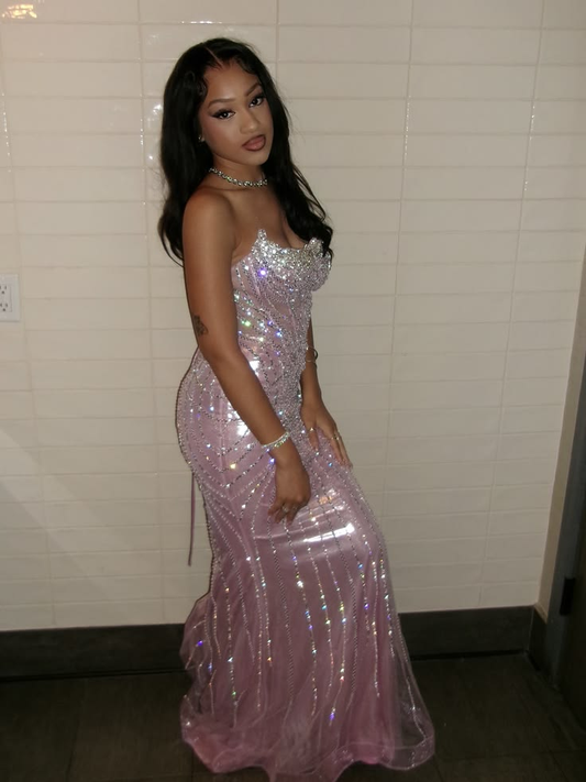 Pretty Strapless Satin Tulle Beaded Long Party Dress Pink Long Birthday Prom Dress SP3725