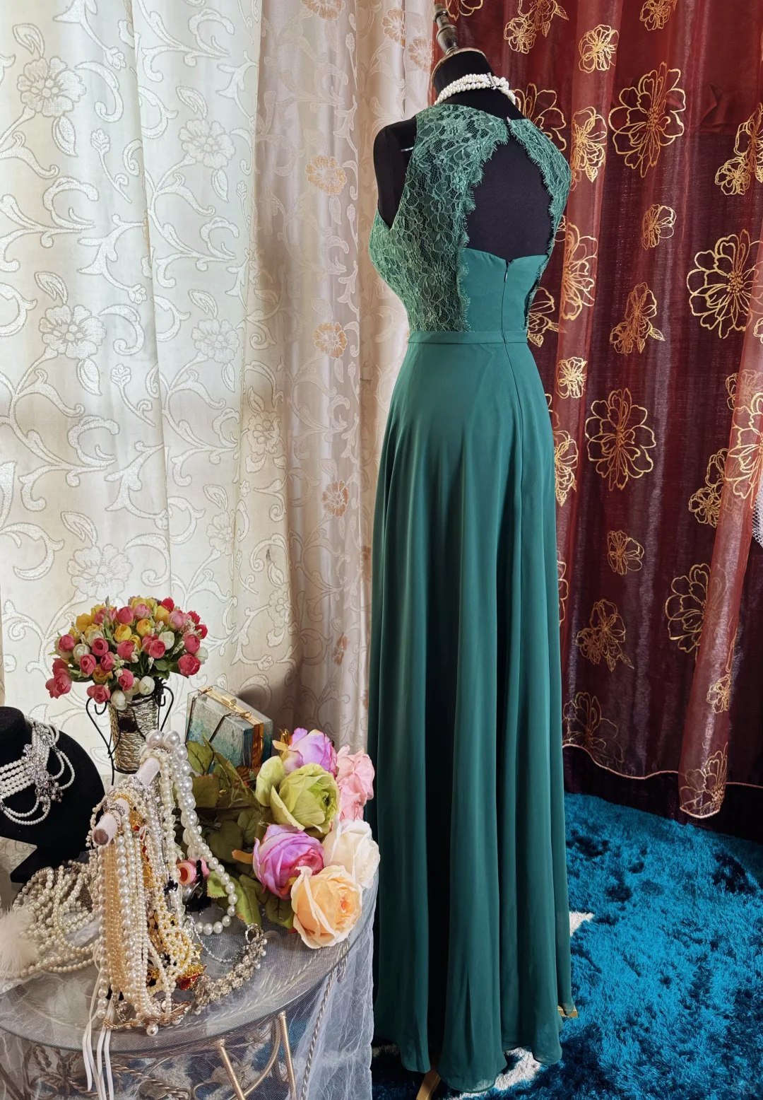 Vintage Green Sleeveless Chiffon Lace A Line Long Wedding Guest Dress Backless Party Dress SP2192