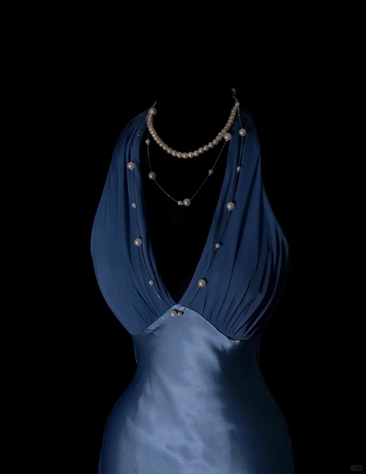 Classy Halter V Neck Satin Chiffon Mermaid Long Party Dress Blue Long Birthday Prom Dress SP4063