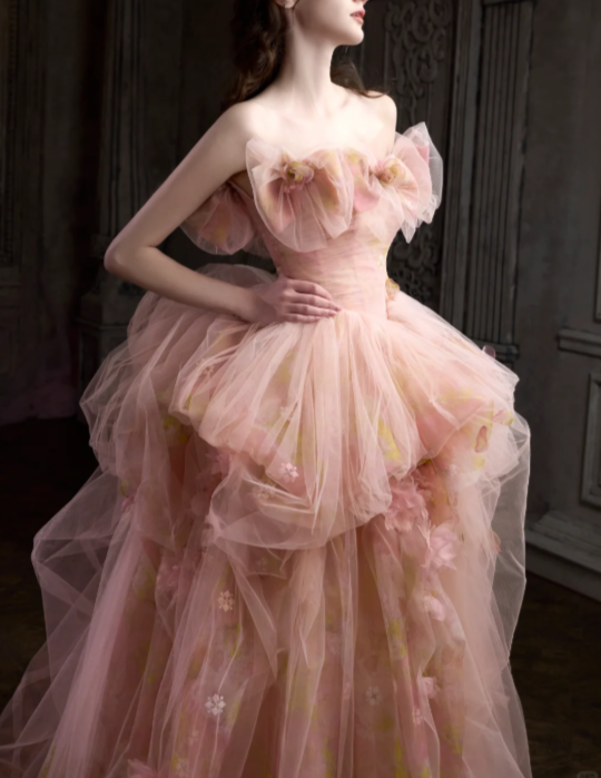 Pretty Pink Floral Tulle Long Birthday Prom Dress Strapless Party Gowns SP2096